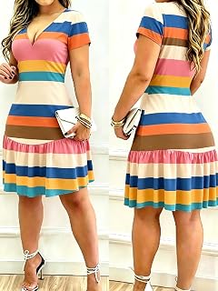 Women's Summer V Neck Short Sleeve Waist Ruffle Hem Mini Dress