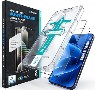 Deppa | 2 Pezzi | Pellicola protettiva anti luce blu certificata per iPhone 15 Pro Max (6.7') | Vetro temperato ultra resistente | Copertura totale, senza bolle | Installazione facile