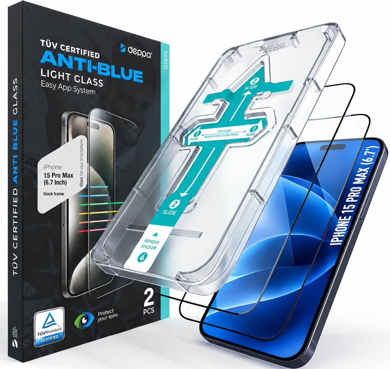 Deppa | 2 Pezzi | Pellicola protettiva anti luce blu certificata per iPhone 15 P