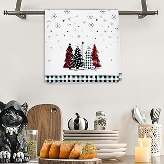 Merry Christmas Buffalo Plaid Hand Towel Red and Black Checkered Holiday Kitchen Bathroom Towel with Snowflakes and Stars
