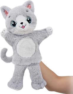 June Garden Gray Cat Plush Hand Puppet for Pretend Play | Flexible cat puppet with embroidered details builds storytelling and language through home or preschool play for ages 3+