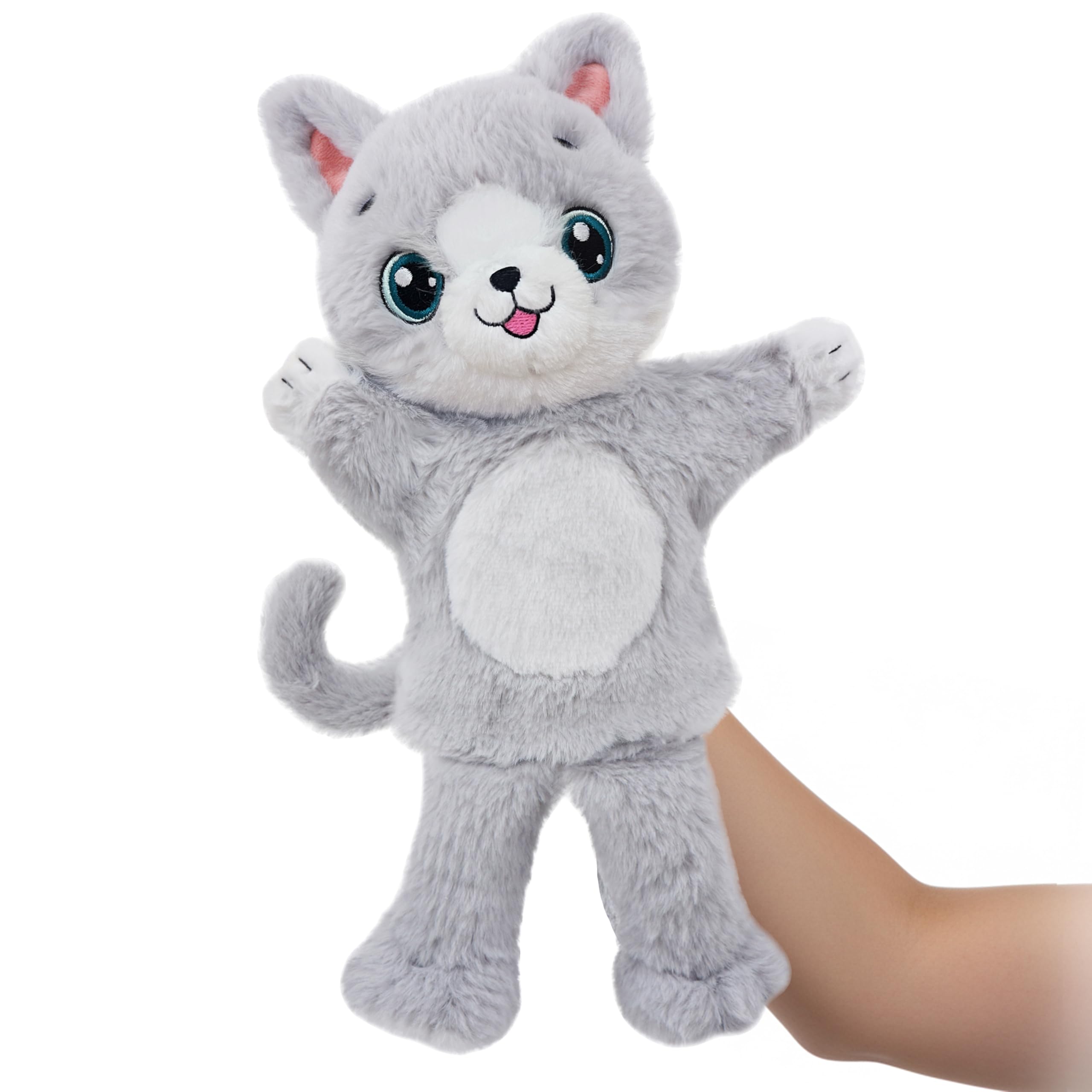June Garden Gray Cat Plush Hand Puppet for Pretend Play | Flexible cat puppet wi