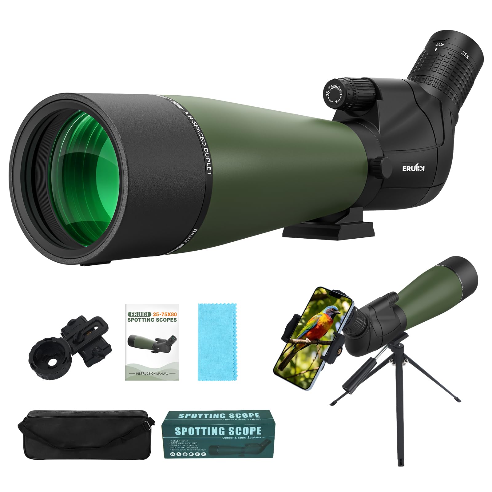 ERUIDI 25-75x80 Spotting Scope with Tripod for Target Shooting HD Optics | BAK4 