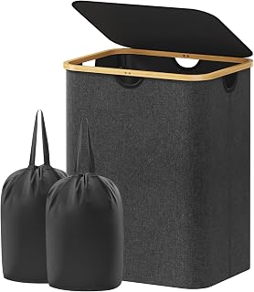 Lifewit 120L Double Laundry Basket with Lid, 2 Removable Bags, Dark Grey