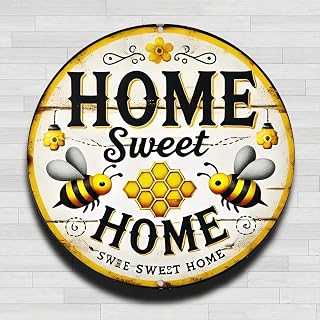 Home Sweet Home Metal Sign Bee Honeycomb Vintage Rustic Aluminum Round Wall Sign 8" Indoor Outdoor Gifts Home Decor