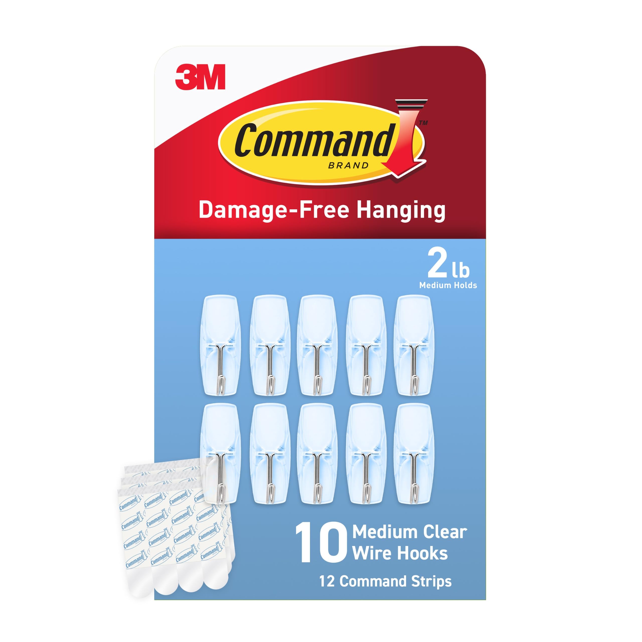 Command Medium Clear Wire Hooks, 10 Hooks, 12 Strips | Damage-Free Hanging Wall 