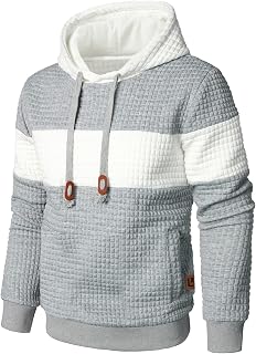 Qichic Men’s Sweatshirts Long Sleeve Pullover Patchwork Plaid Jacquard Hoodie Casual Drawstring Hoody Top