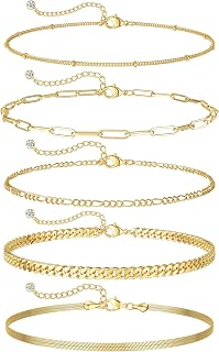 Dearmay Gold Bracelets for Women Waterproof, 14K Gold Plated Minimalist Bracelets Stack Non Tarnish Trendy Dainty Herringbone Vintage Cuban Paperclip Rope Thin Box Link Chain Stackable Jewelry Sets Modern Fashion Accessories Gifts for Womens