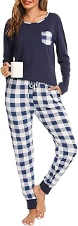 Sopesil Women's Long Winter Pyjamas Two Piece Pyjamas Warm Long Sleeve and Plaid Pants Cosy Sleepwear with Pockets and Drawstring,S-XXL