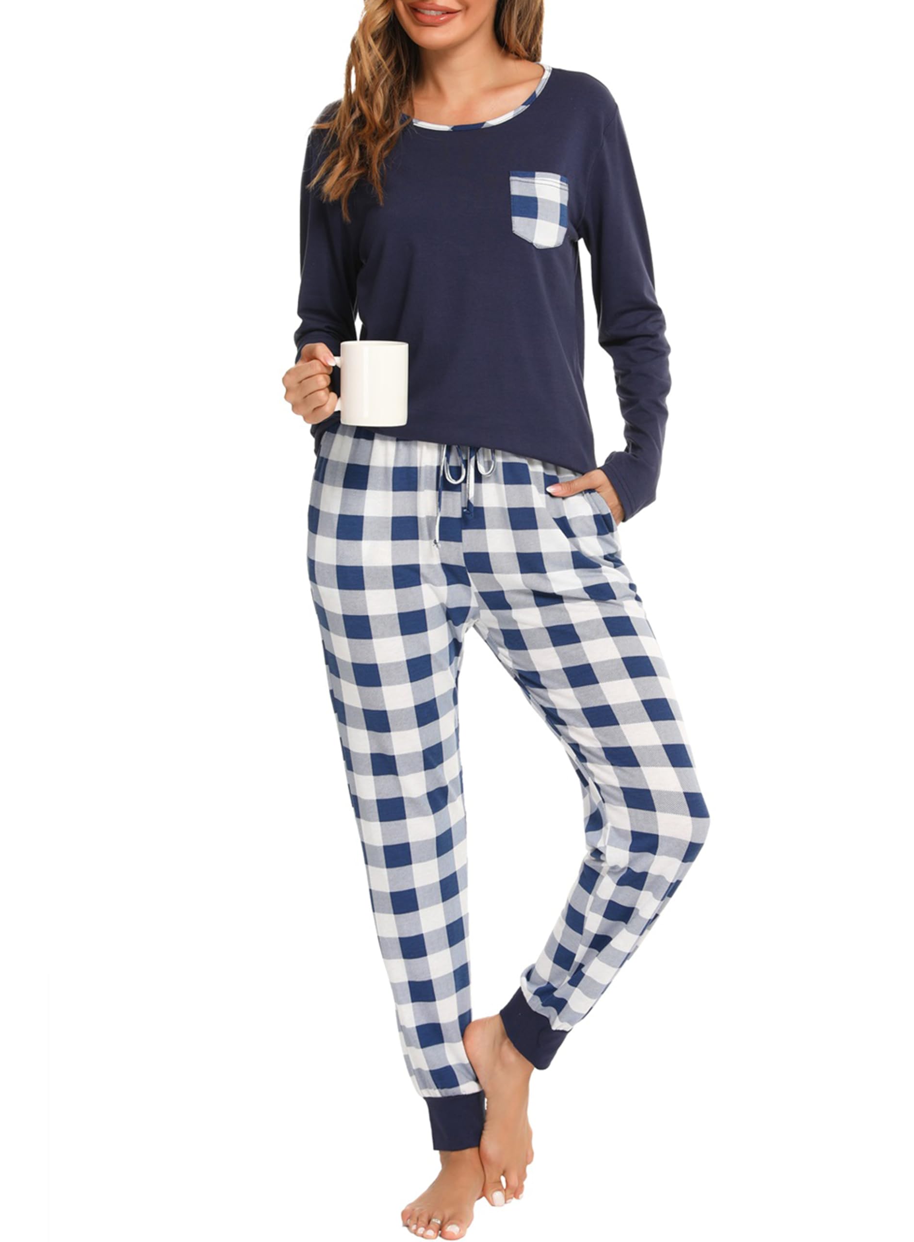 Sopesil Women's Long Winter Pyjamas Two Piece Pyjamas Warm Long Sleeve and Plaid