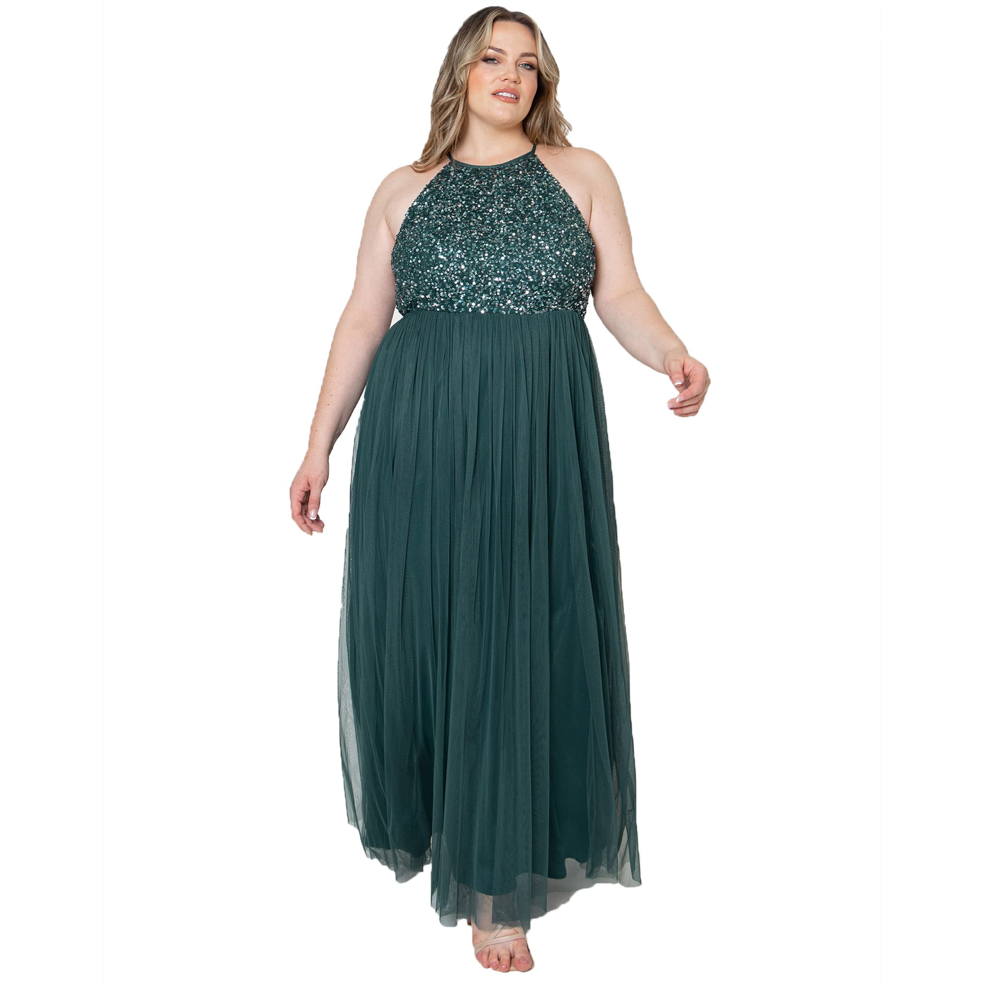 Maya Deluxe Womens Ladies Bridesmaid Maxi Dress Halter Neck Sequin Embellished P