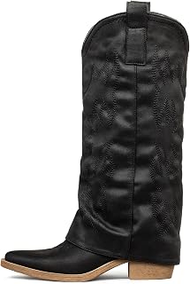 SheSole Botas de tiburón para mujer, botas vaqueras plegables con bordado occidental, hasta la rodilla, cómodas, tacón de bloque