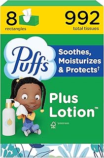 Puffs Facial Tissues Plus Lotion, 8 Family Rectangle Boxes, 124 Facial Tissues per Box, Allergies and Colds (Packaging May Vary)