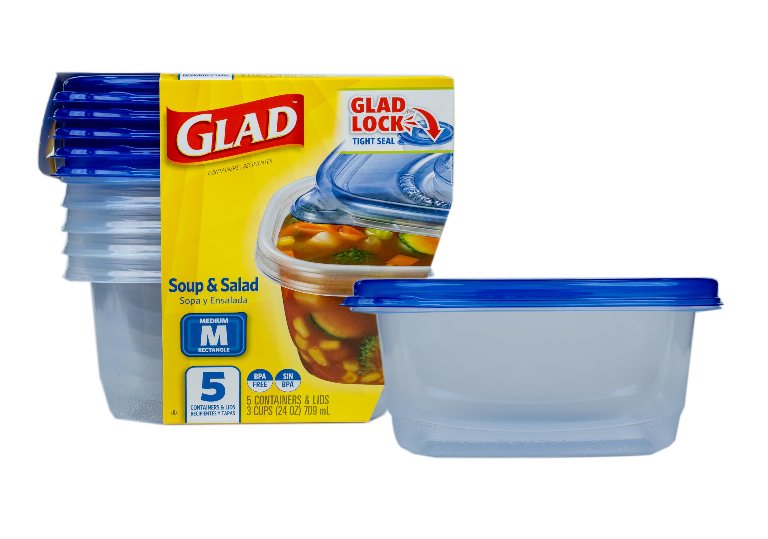 Glad GladWare Medium Rectangle Food Storage Containers, 24 Oz, 5 Count | Airtigh