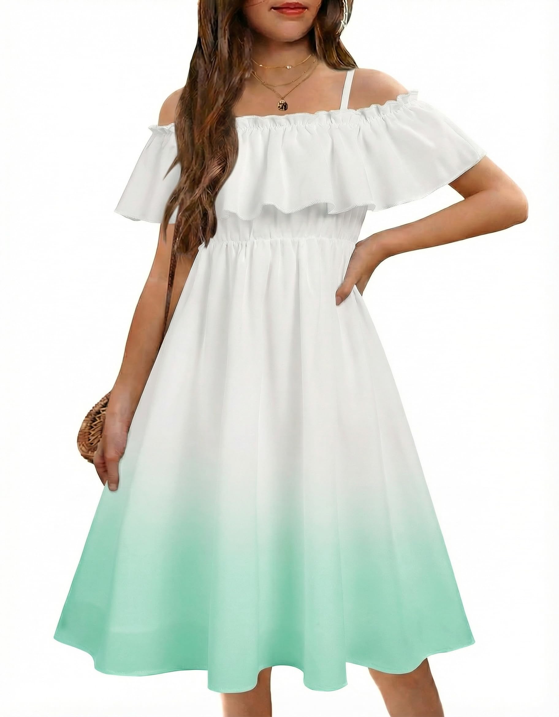 Arshiner Girls Summer Floral Ruffle Sundress Cold Shoulder Casual Holiday Dresse