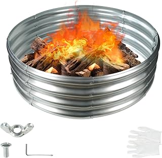 12 in Tall 36 Inch Diameter Round Galvanized Fire Pit Ring/Fire Ring Silver | Heavy Duty,Rustproof,Durable & Stylish,3 FT Diameter+1 FT Tall,0.8MM Thick Galvanized Metal,with Gloves,Tool free