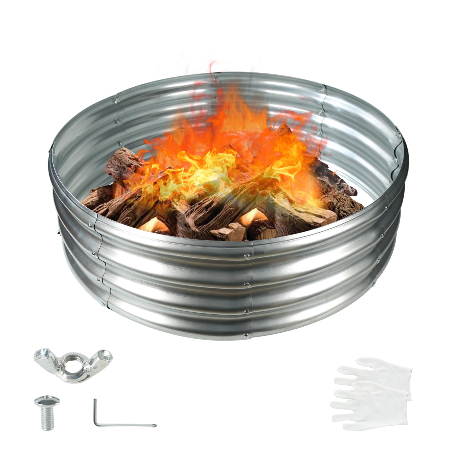12 in Tall 36 Inch Diameter Round Galvanized Fire Pit Ring/Fire Ring Silver | He