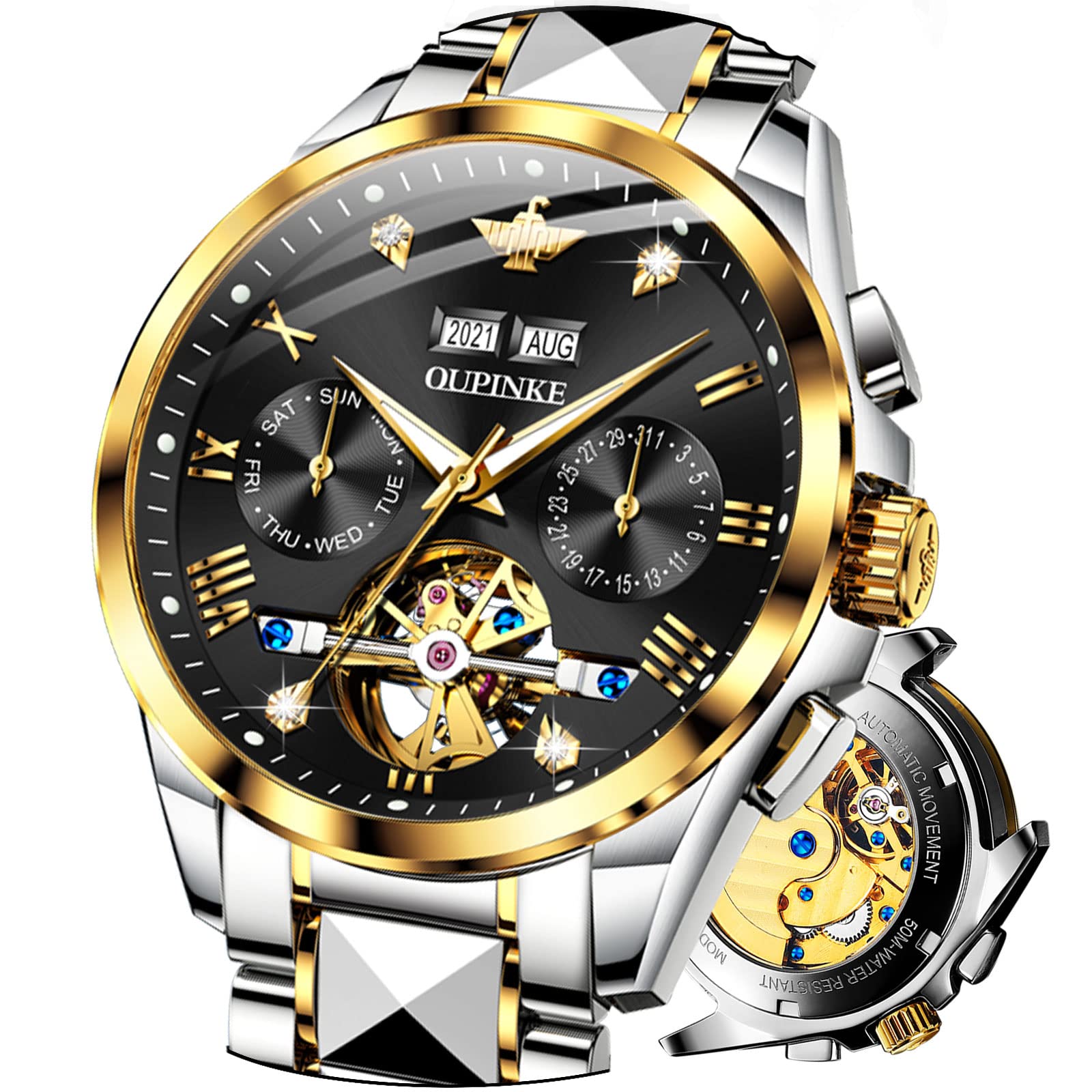 OLEVS Luxury Men's Watch Big Face Stainless Steel Gold Watch with Day Date