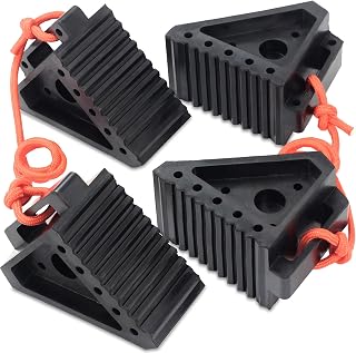 OULEME 4PK Heavy-Duty Rubber Wheel Chocks for RV Travel Trailer Camper | Solid Tire Chocks with Carry Handles & Rope , Anti-Slip, Oil-Resistant All-Weather Block for Truck, Boat Trailer, ATV