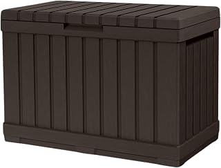 Keter Kentwood 190L Outdoor Resin Garden Storage Box, Brown | Weatherproof Wood‑Effect Panels | Stores Cushions, Garden Tools & Outdoor Accessories | Lockable Lid & Extra Seating