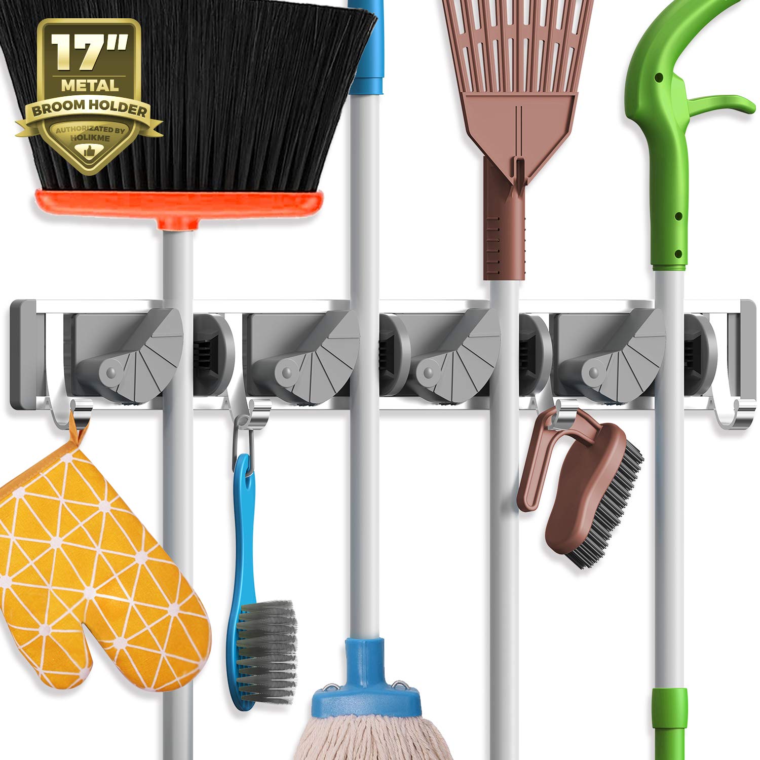 Holikme Mop Broom Holder Wall Mount Metal Pantry Organization and Storage Garden