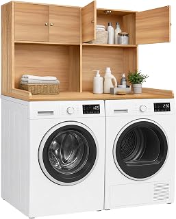 Washer Dryer Countertop with Cabinets, 2-Tier Laundry Countertop with Shelf | Washer and Dryer Topper with Edge, Over Washer and Dryer Shelves for Laundry Room, Universal Fit, Oak, 54.5"Wx27.5"Dx32.5"H