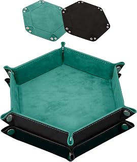 SIQUK 2 Pieces Folding Dice Tray Velvet Hexagon Tray Dice Rolling Tray | PU Leather Dice Holder for RPG DND Dice Table Games, Cyan, Black