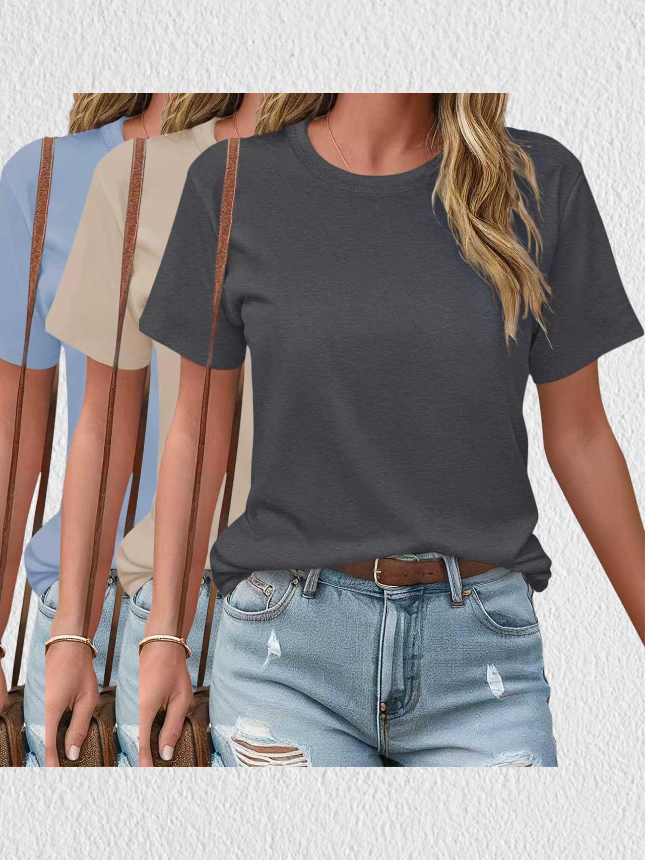 Basic short sleeve tops for women, 3 pack summer tops, beach, vacation, casual w