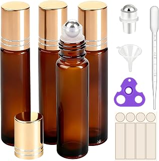 PrettyCare 4 Pack Amber Glass Oil Roller Bottles for Essential Oils 10ml, Roll On Bottles with Stainless Steel Roller Ball Leak-Proof Perfume Travel Refillable Bottle Empty, Beauty & Personal Care