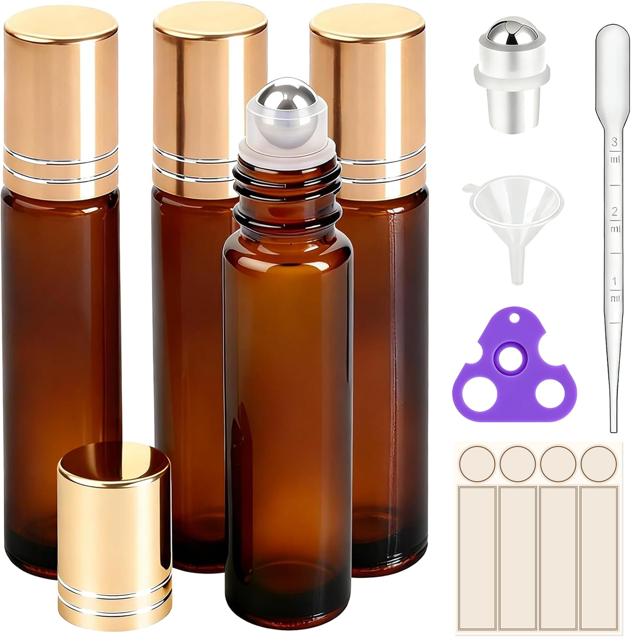 PrettyCare 4 Pack Amber Glass Oil Roller Bottles for Essential Oils 10ml, Roll O