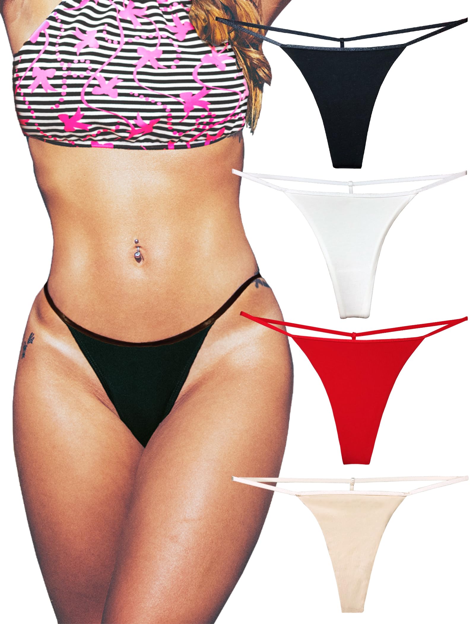 KUKU PANDA Sexy Thongs Thread Women Pack of 4 T String Panties Elastic Cotton Se
