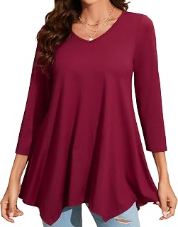 Enmain Women's Tunic Long Plus Size 3/4 Sleeve Blouse Chic Elegant V-Neck Patterned Tunic Solid Color Loose Top for Women