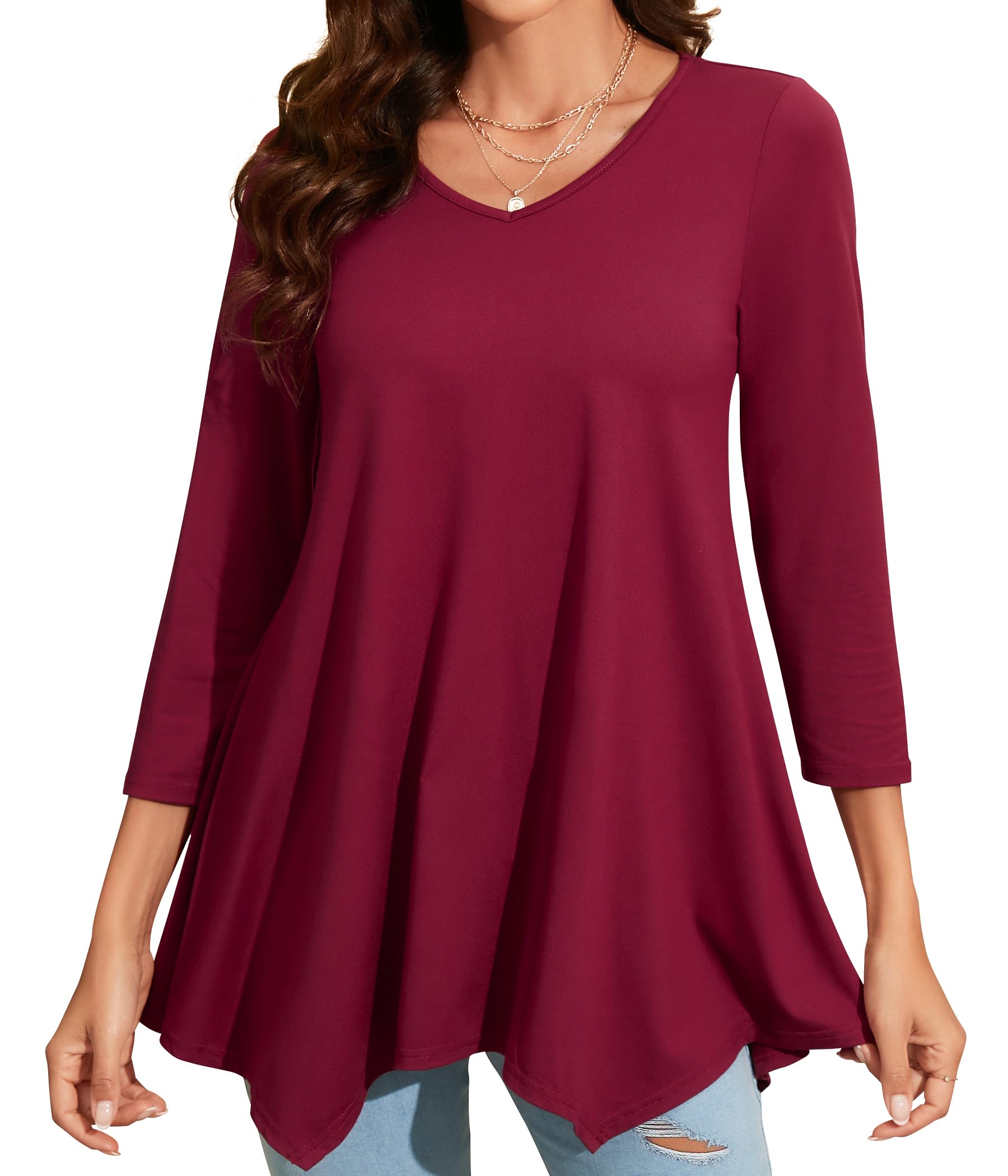 Enmain Women's Tunic Long Plus Size 3/4 Sleeve Blouse Chic Elegant V-Neck Patter