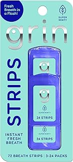 GRIN Super Minty Breath Strips Instant Breath Freshener Strips, Sugar-Free Dissolving Mint Strips, No Water Needed, Portable Pocket Cases, Super Mint Flavor, 72 Count (3 x 24)
