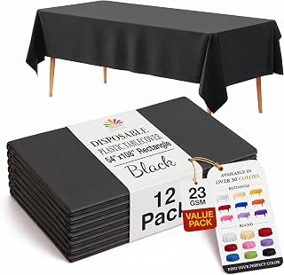 Exquisite 12-Pack Plastic Tablecloth 54x108 Rectangle Value Pack Plastic Table Cover - Black
