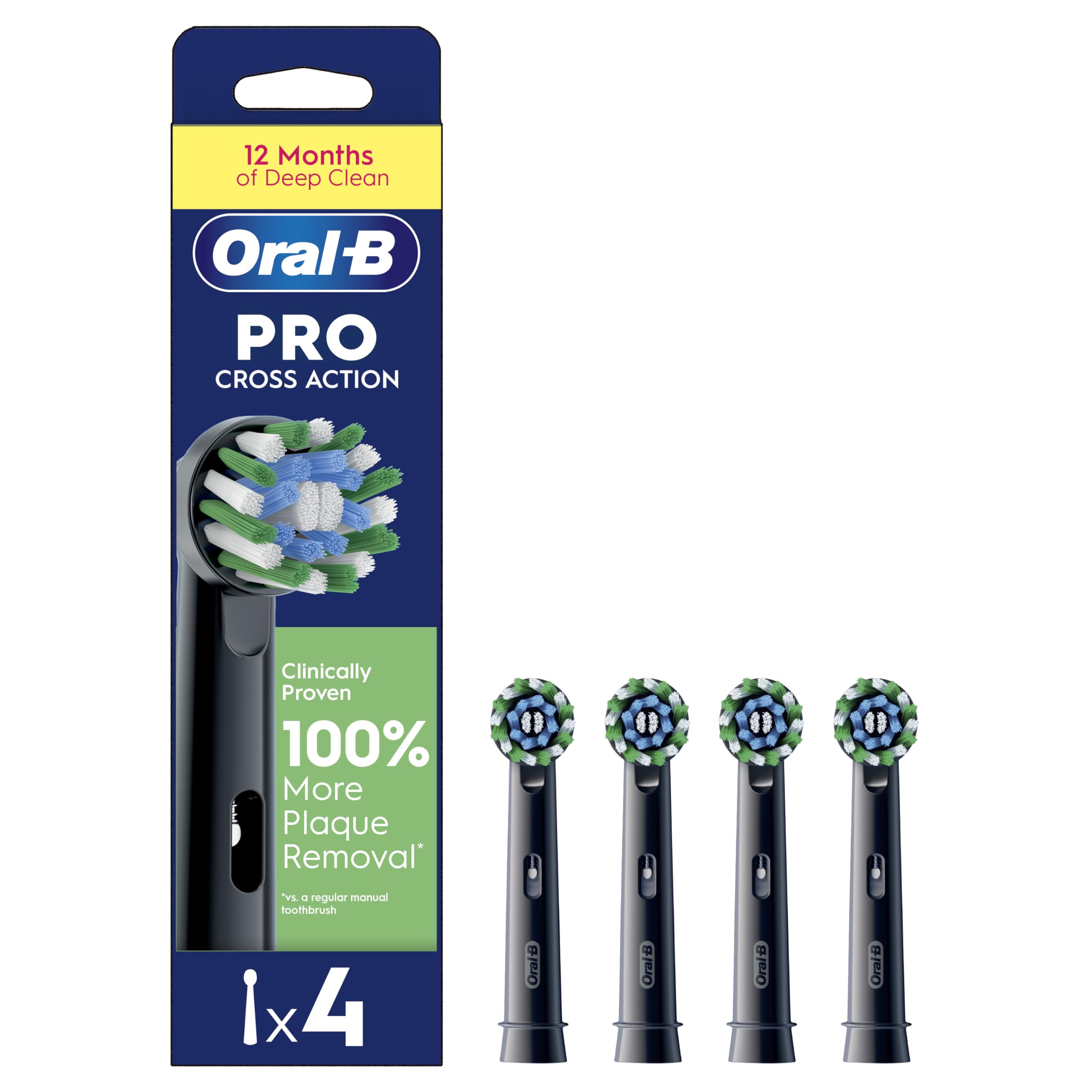 Oral-B Pro Cross Action Electric Toothbrush Heads, 4 Count, Black | X-Shaped & 1