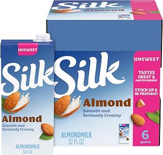 Silk Plant Based Shelf-Stable Almond Milk, Unsweetened, 32 fl oz, 6 Count | Dairy-Free, Vegan Shelf-Stable Almond Milk, 30 Calories, No Cholesterol, Great for Coffee, Cereal, and Baking