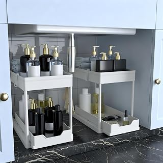 DEKAVA Under Sink Organizer 2 Pack, Bathroom Organizes, 2 Tier Sliding Cabinet Basket Organizer Drawer, Multi-Purpose Bath Collection Baskets for Bathroom (White)
