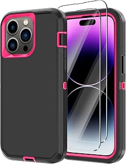 for iPhone 14 Pro Max Case with 2 Screen Protector,Heavy Duty Shockproof Drop Protection Rugged 3-Layer Military Tough Durable Protective Cover for Apple iPhone 14 Pro Max6.7 (Black/Rose)