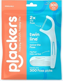 Plackers Twin Line Floss Picks, Intense Mint, 300 Count | PTFE free Tuffloss, Fits tight teeth, Fold-out FlipPick, Plaque removal, QuickFix Grip, Resealable bag
