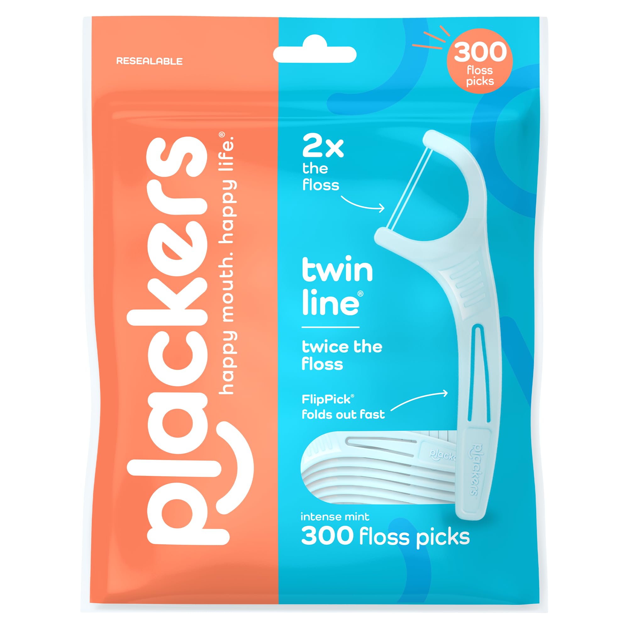 Plackers Twin Line Floss Picks, Intense Mint, 300 Count | PTFE free Tuffloss, Fi