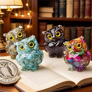 Crystal Sparks Owl Collectible Figurine Mini Ornament Resin and Natural Crystal with Bright Yellow Eyes Decorative Avian Statue for Desk Shelf Home Display