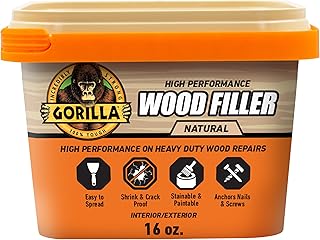 Gorilla All Purpose Wood Filler, Natural Finish, 16 oz Tub, 1-Pack | Water Resistant, Paintable, Stainable & Sandable, Anchors Nails & Screws, Indoor & Outdoor Use, Acrylic Formula
