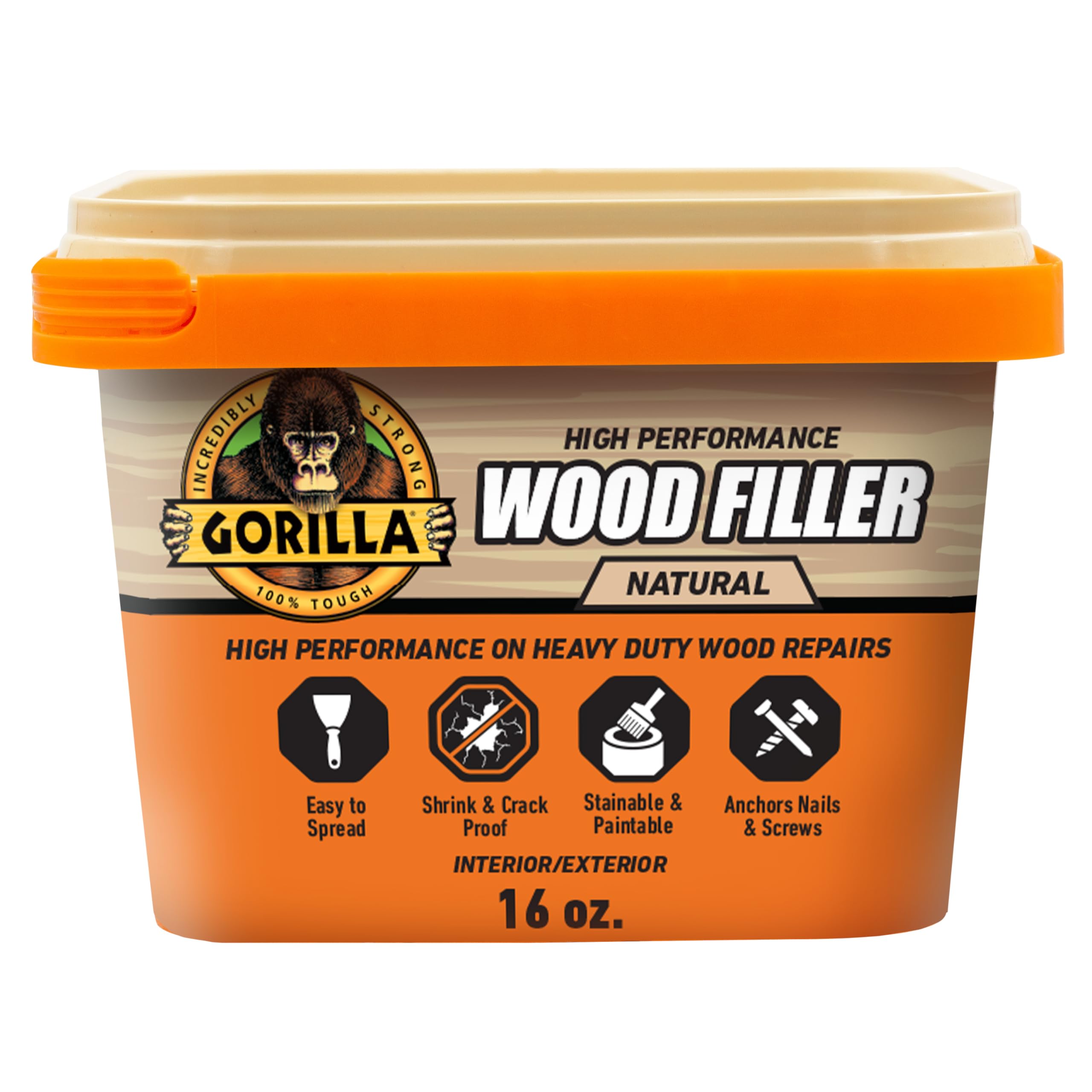 Gorilla All Purpose Wood Filler, Natural Finish, 16 oz Tub, 1-Pack | Water Resis