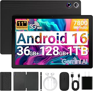 URAO Tablet,11" Android 16 Tablet Octa-core 36GB+128GB Gemini AI | 7800mAh Battery 1280 * 800 IPS FHD 5MP+8MP Camera Wi-Fi 6,BT 5.4 GMS Support 1TB Expansion with Keyboard Stylus Headphone