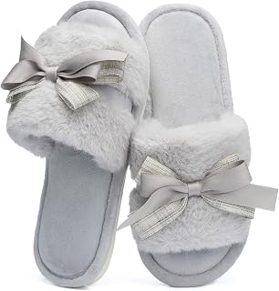 GOEWY Fuzzy Cute Bow Slippers for Women with Memory Foam, Open Toe, Fluffy,Soft,Non-Slip for Indoor & Outdoor Use, Birthday Gift for Women & Mothers