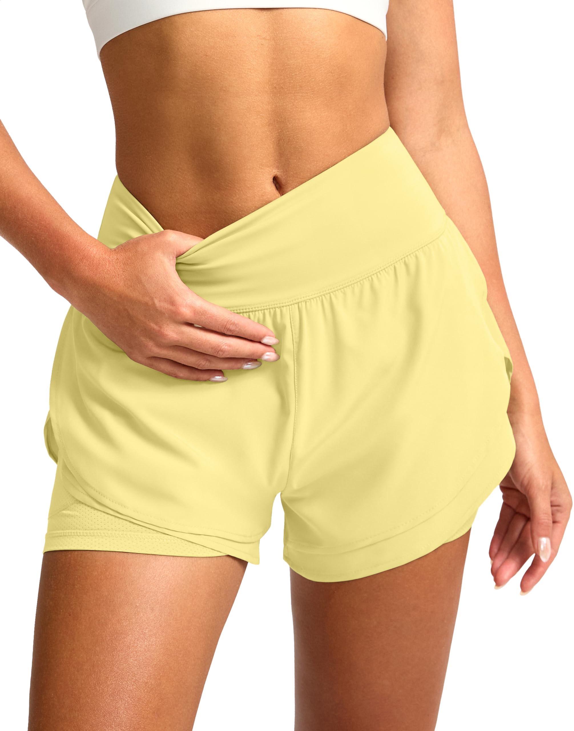 SANTINY 2 in 1 Running Shorts for Women with 3" High Waist Pockets Workout Athle