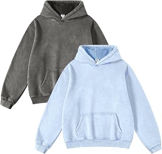 FAIABLE 2 Pack Acid Wash Hoodie Unisex Oversized Vintage Hoodies Heavyweight Distress Sweatshirts Cotton Fleece Washed Sweatshirt for Men Women Couples Streetwear College Light Blue Grey