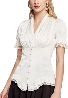 SCARLET DARKNESS Women Victorian Short Sleeve Shirt Button Down Blouse Shirts Dressy Top