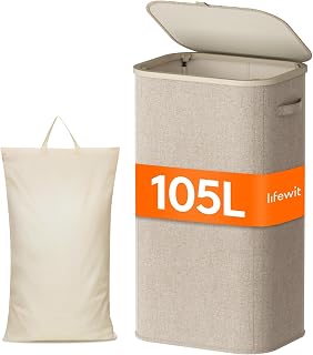 Lifewit 105L Laundry Basket with Lid, Large Laundry Hamper with Handles and Removable Bag, Collapsible Tall Dirty Clothes Hamper for Laundry Room, Bedroom, Bathroom, Dorm, Beige